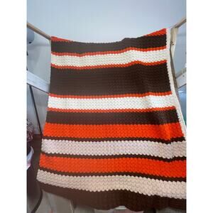 Vintage Handmade Afghan Chevron Red-Beige-Brown Stripe Crochet Throw Blanket